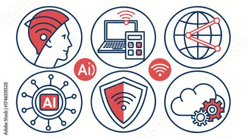 Graphic illustration showcasing AI, connectivity, security, and cloud computing with icons inside circles.
