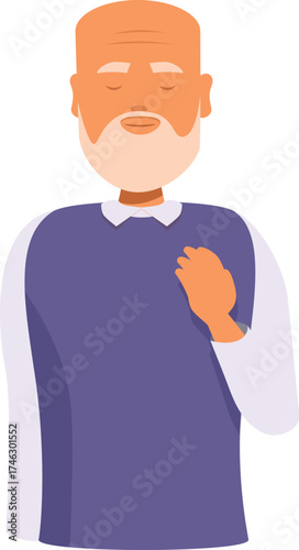 Elderly man placing hand on chest, expressing sincerity, respect, and gratitude