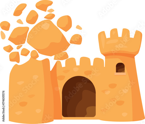 Sandcastle tower collapsing on a sunny beach, illustrating the ephemeral nature of sand constructions