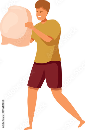 Smiling boy carrying pillow going to sleep, preparing for bedtime, comfortable night sleep, healthy sleeping habits, good night rest concept