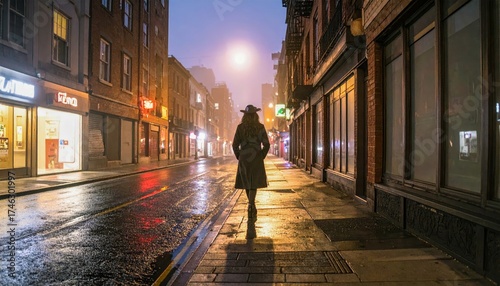 Wallpaper Mural Woman walking alone on a rainy street in the city during nighttime with glowing streetlights Torontodigital.ca