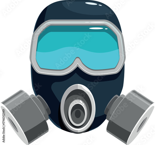 Gas mask with its large blue eyes and double filter is ready to protect from toxic fumes and viruses