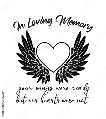 In Loving Memory vector design with angel wings memorial quote, Memorial sign, Forever in our hearts, Rest in Peace vector clip art