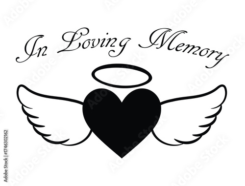 In Loving Memory, Angel wings with heart, In memory of, Rest in peace, In memory, Memorial frame, RIP, Funeral cursive calligraphy