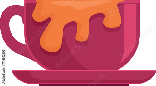 Overflowing mug of coffee or tea dripping onto the saucer, symbolizing clumsiness, a full cup, or a messy morning routine