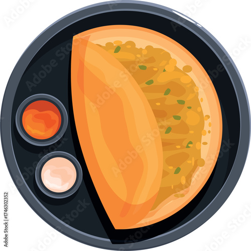 Top view of a masala dosa served with sambar and coconut chutney, a popular south indian dish