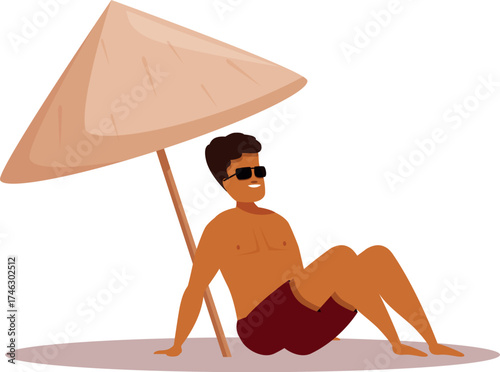 Man wearing sunglasses and swim trunks relaxing on the beach under a parasol