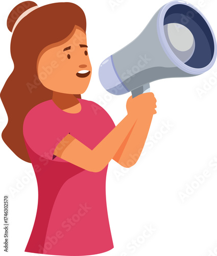 Woman speaking through megaphone making public address for demonstration or strike