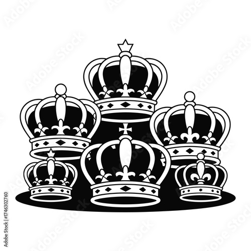 Collection of five black and white royal crowns arranged in a cluster on a black oval base king queen