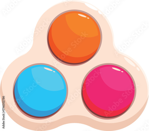 Cartoon illustration of a simple dimple fidget toy featuring orange, blue, and pink bubbles on a white background, providing a playful and engaging sensory experience
