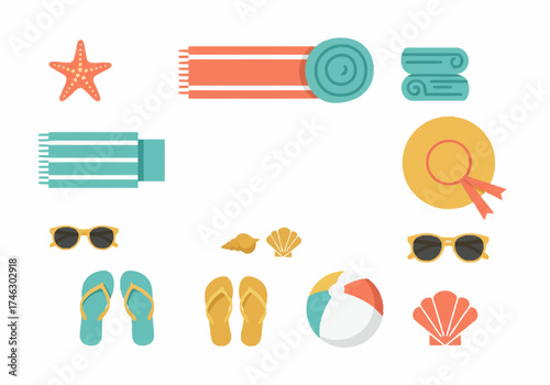 Flat Vector Illustration of Beach Accessories and Summer Items.