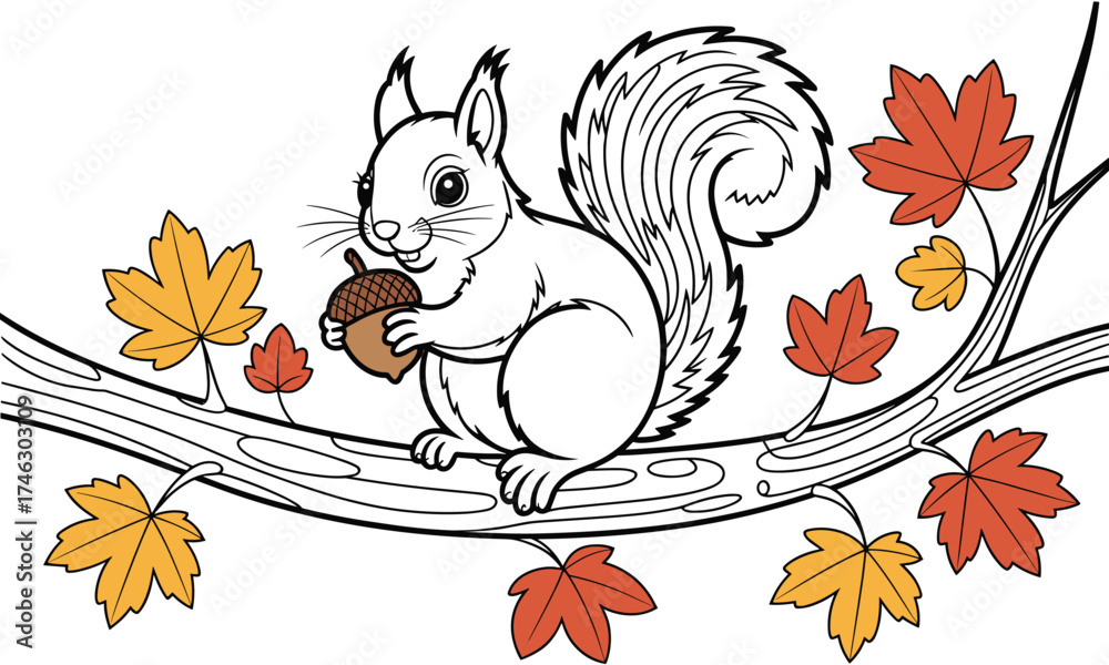 Obraz premium Cartoon squirrel sitting on a tree branch holding an acorn with colorful autumn maple leaves fall