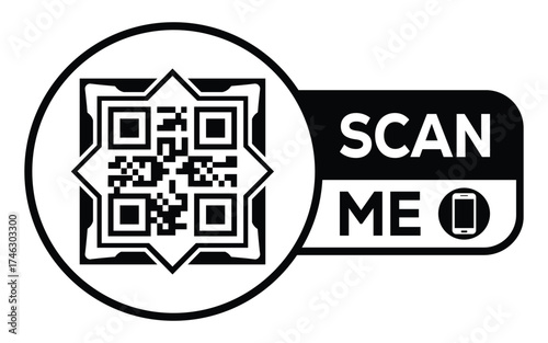 Minimalist black and white QR code label design with "SCAN ME" message, modern style, ideal for marketing, digital menus, business promotions, and mobile-based contactless solutions.