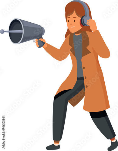 Female film director wearing headphones holding megaphone giving instructions during filming movie or commercial