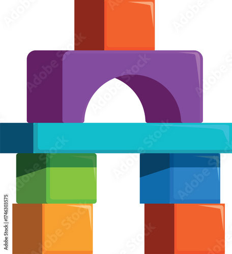 Vibrant building blocks stacked to form an arch bridge, promoting creativity and construction play