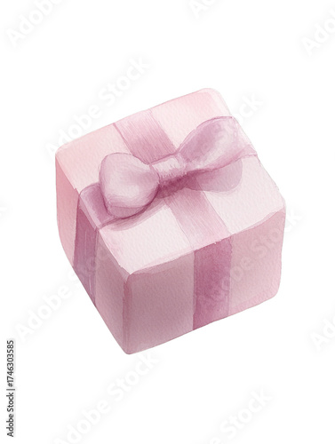 Pink watercolor gift box with a delicate ribbon bow on top painted in soft pastel shades isolate