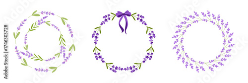 Elegant vector set of three lavender wreaths, including one with a bow. Delicate floral illustration in pastel purple tones, perfect for wedding, spa, natural cosmetic design, tag, print, poster.