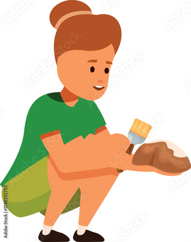 Female archaeologist delicately brushing dirt from a recently unearthed artifact, showcasing the meticulous process of archaeological excavation