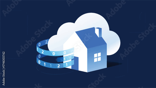 illustration of stream of data (represented by vector zeros and ones) flowing from a cloud and gently shaping itself into a personalized, custom-tailored house where a user lives.eps