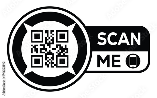 Minimalist black and white QR code label design with "SCAN ME" message, modern style, ideal for marketing, digital menus, business promotions, and mobile-based contactless solutions.