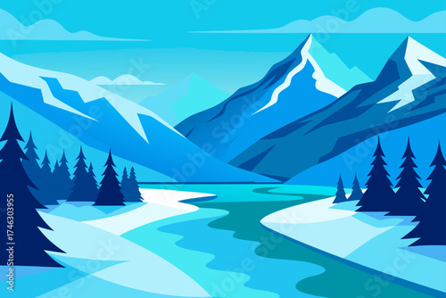 Illustration of a winter mountain scene on transparent background silhouette
