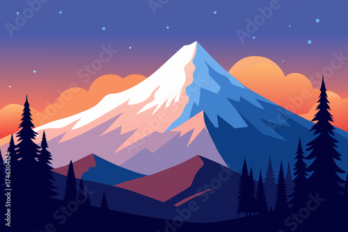 A mountain landscape with trees at dusk time on transparent background silhouette
