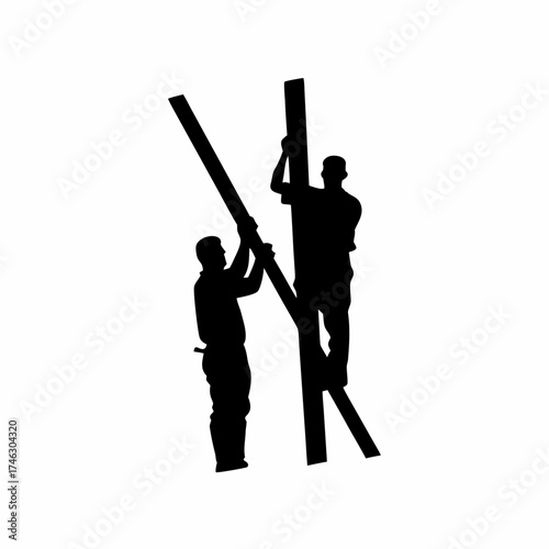 Silhouette of two construction workers installing steel beams on a high rise structure isolated on white background