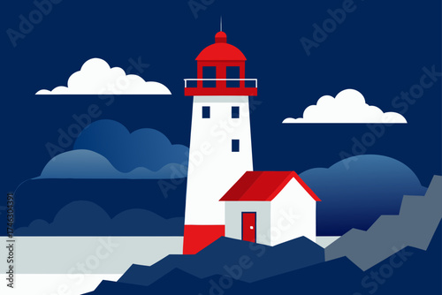 Illustration of a lighthouse on a cliffside on transparent background silhouette