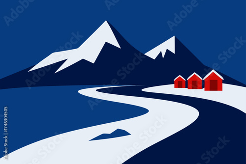 Landscape with mountains and red houses on transparent background silhouette