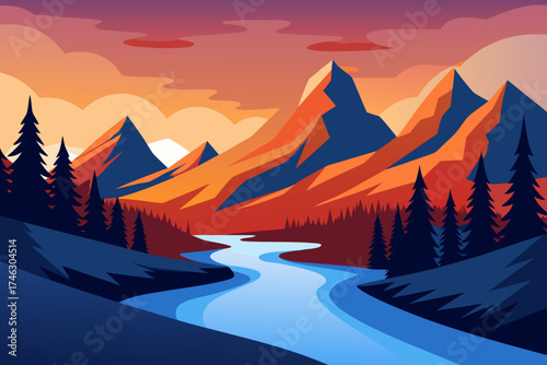Landscape with mountains river and trees on transparent background silhouette