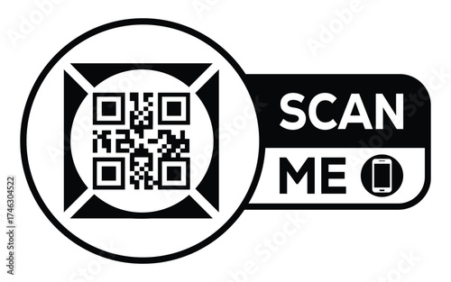 Minimalist black and white QR code label design with "SCAN ME" message, modern style, ideal for marketing, digital menus, business promotions, and mobile-based contactless solutions.