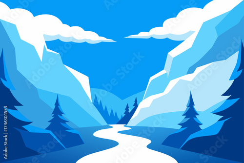 Illustration of a winter mountain landscape on transparent background silhouette