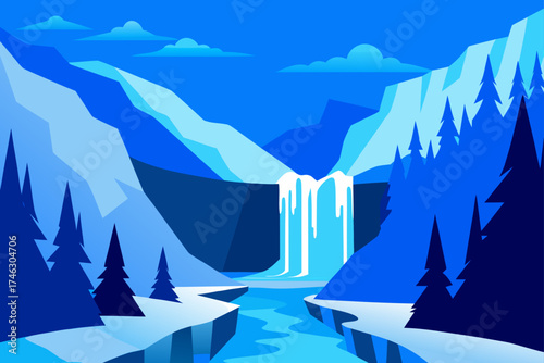 Waterfall landscape with mountain and trees on transparent background silhouette
