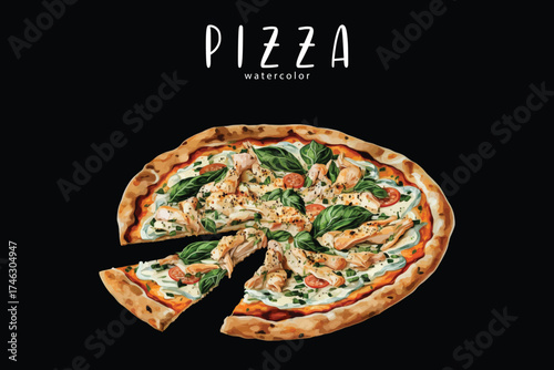 pizza with salami and cheese Watercolor Food Illustration Comfort Food Clipart Perfect for recipe books, restaurant menus, food packaging