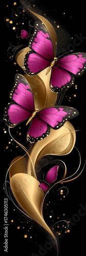 Butterfly is shown in a gold and pink color. The butterfly is surrounded by a gold and pink background