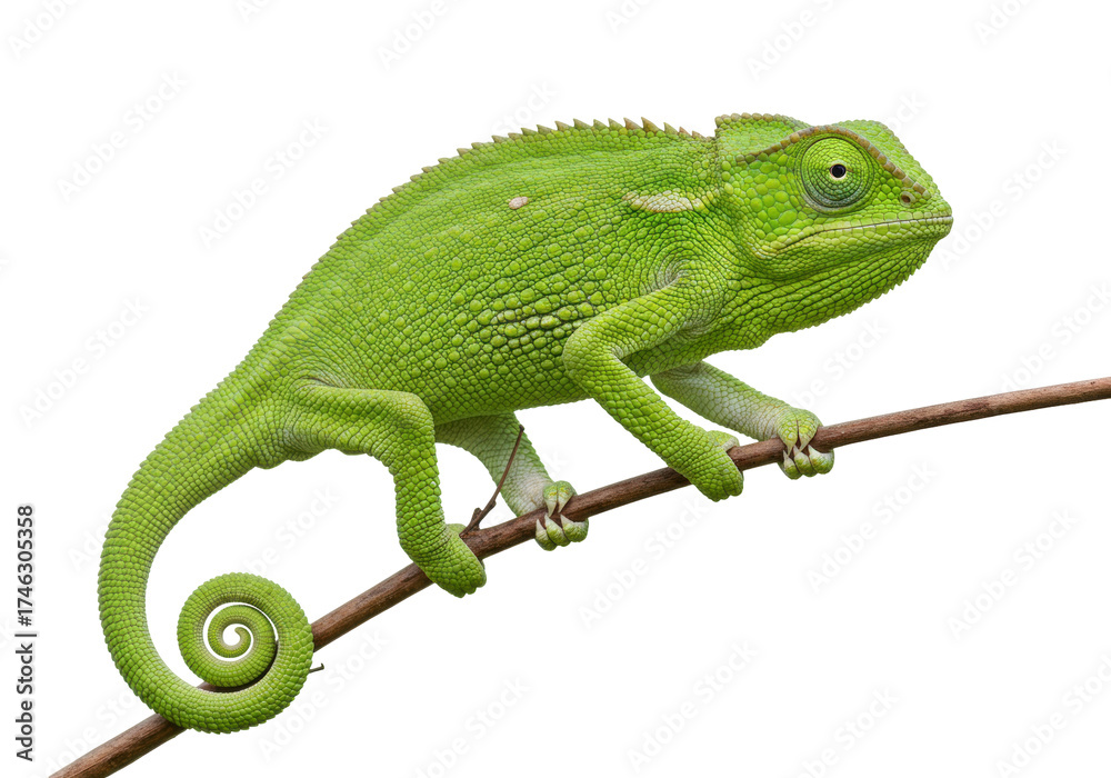 Fototapeta premium Green chameleon isolated on branch PNG, exotic pet reptile with curled tail on transparent background
