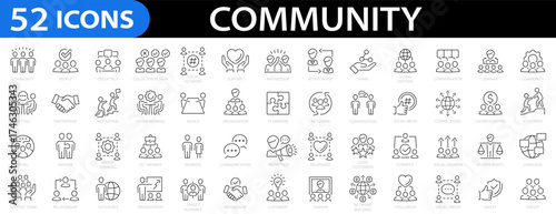 Community 52 icon set. Relationships, friendship, relationship, love, networking, social, diversity, people, family, trust and more. Vector illustration