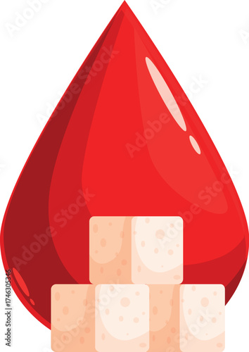 Red blood drop balancing on refined sugar cubes representing high blood glucose levels and diabetes risk
