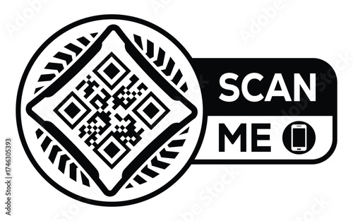Minimalist black and white QR code label design with "SCAN ME" message, modern style, ideal for marketing, digital menus, business promotions, and mobile-based contactless solutions.
