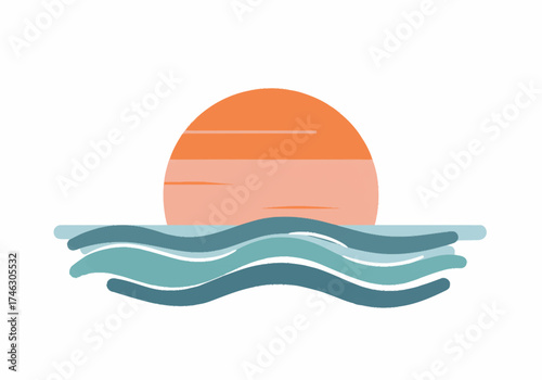 Stylized Sunset Over Wavy Ocean Orange and Blue Colors.