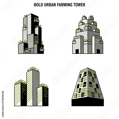 Four illustrations of bold urban farming towers with green vegetation, showcasing different architectural designs and sustainable concepts.