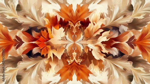 Painting of leaves with a brown background. The leaves are orange and the background is tan. The painting has a warm and inviting mood