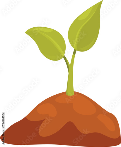 Small sprout with two leaves growing from brown dirt mound represents new beginnings