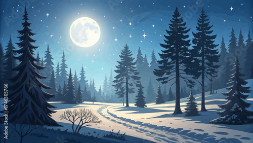 A serene winter night scene featuring snow-covered evergreen trees and a winding path under a bright full moon. The sky is filled with twinkling stars and a shooting star