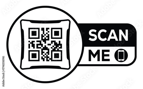 Minimalist black and white QR code label design with "SCAN ME" message, modern style, ideal for marketing, digital menus, business promotions, and mobile-based contactless solutions.