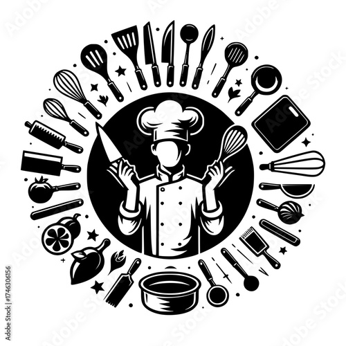 Chef Surrounded by Culinary Tools black vector icon with transparent background 