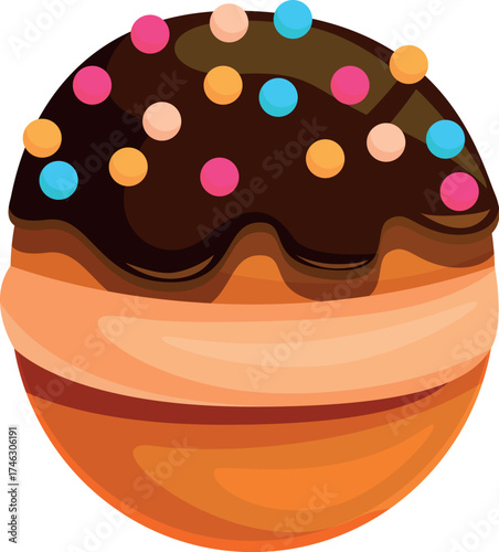 Round donut covered with chocolate icing and colorful candy sprinkles, creating a tempting sweet treat