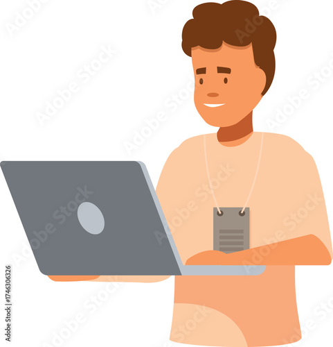Smiling intern working on laptop, efficient and enthusiastic newcomer contributing to team projects