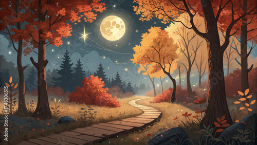 A magical autumn forest scene under a glowing full moon, featuring a winding wooden path surrounded by vibrant fall foliage.