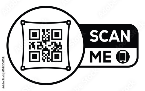 Minimalist black and white QR code label design with "SCAN ME" message, modern style, ideal for marketing, digital menus, business promotions, and mobile-based contactless solutions.